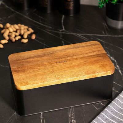 Chlebak LOMAS czarny z akacjową pokrywką 33x18x13 cm HOMLA Chlebak LOMAS czarny z akacjową pokrywką 33x18x13 cm HOMLA