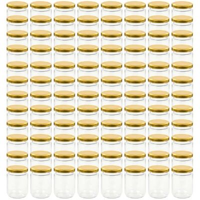 vidaXL Szklane słoiki na dżem, złote pokrywki, 96 szt., 230 ml vidaXL Szklane słoiki na dżem, złote pokrywki, 96 szt., 230 ml