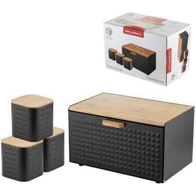 Zestaw Florina Cube Chlebak I 3 Pojemniki Stal Czarny Na Kawę Herbatę Zestaw Florina Cube Chlebak I 3 Pojemniki Stal Czarny Na Kawę Herbatę