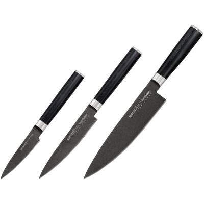 Zestaw Samura Mo-V Stonewash 3x Uniwersalne Noże (Chefs, Univesal, Paring) Wykonane Z Japońskiej Stali Aus 8 59 Hrc Zestaw Samura Mo-V Stonewash 3x Uniwersalne Noże (Chefs, Univesal, Paring) Wykonane Z Japońskiej Stali Aus 8 59 Hrc