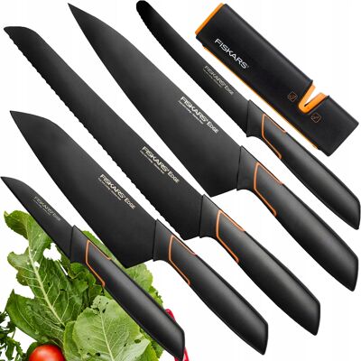 Fiskars Zestaw 5 Noży Kuchennych Edge Czarne Ostre Stalowe + Ostrzałka Fiskars Zestaw 5 Noży Kuchennych Edge Czarne Ostre Stalowe + Ostrzałka