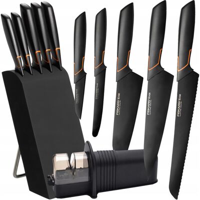 Fiskars Zestaw 5szt. Noży Kuchennych W Bloku Edge Czarne Ostre + Ostrzałka Fiskars Zestaw 5szt. Noży Kuchennych W Bloku Edge Czarne Ostre + Ostrzałka