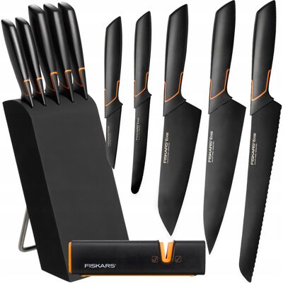 Fiskars Zestaw 5szt Noży Kuchennych W Bloku Edge Ostre Czarne + Ostrzałka Fiskars Zestaw 5szt Noży Kuchennych W Bloku Edge Ostre Czarne + Ostrzałka