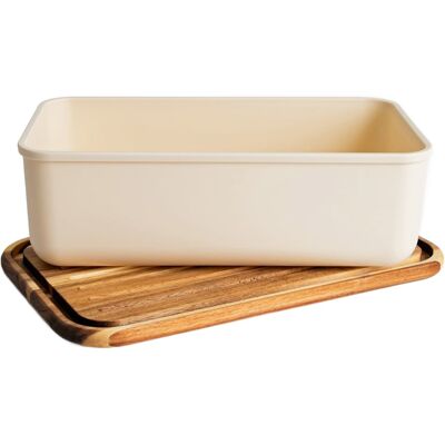HOMLA Chlebak NORIS z akacjową pokrywą z funkcją deski do krojenia śmietankowy 40x24x13cm HOMLA Chlebak NORIS z akacjową pokrywą z funkcją deski do krojenia śmietankowy 40x24x13cm