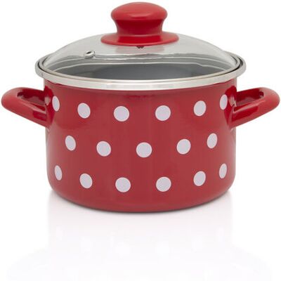 Garnek Emaliowany Ze Szklaną Pokrywką, 16 Cm 2.0l, Czerwony, Kolekcja Dots On Red Metalac Garnek Emaliowany Ze Szklaną Pokrywką, 16 Cm 2.0l, Czerwony, Kolekcja Dots On Red Metalac