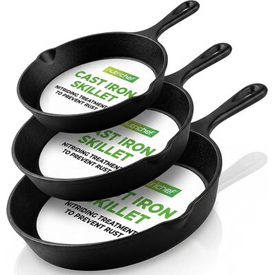 Nutrichef Patelnia Żeliwna Sezonowana 3 Sztuki Z Uchwytami I Skrobakiem, 15-25 Cm Nutrichef Patelnia Żeliwna Sezonowana 3 Sztuki Z Uchwytami I Skrobakiem, 15-25 Cm