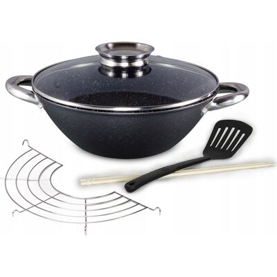 Wok Żeliwny Patelnia 32cm Pokrywa Indukcja Kamille Wok Żeliwny Patelnia 32cm Pokrywa Indukcja Kamille