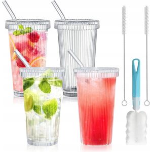Inny producent Szklane kubki z pokrywką i słomką zestaw 4 szklanek do mrożonej kawy 375 ml Inny producent Szklane kubki z pokrywką i słomką zestaw 4 szklanek do mrożonej kawy 375 ml