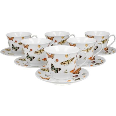 DUO 6 filiżanek do herbaty spodki motyle porcelana DUO 6 filiżanek do herbaty spodki motyle porcelana