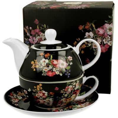 Dzbanek do herbaty porcelanowy z filiżanką i spodkiem DUO VINTAGE FLOWERS BLACK 350 ml Dzbanek do herbaty porcelanowy z filiżanką i spodkiem DUO VINTAGE FLOWERS BLACK 350 ml