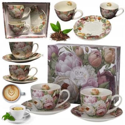 DUO FILIŻANKA + SPODEK 270 ml 2 szt ELEGANCKI ZESTAW PORCELANOWY WZÓR PIWONIE DUO FILIŻANKA + SPODEK 270 ml 2 szt ELEGANCKI ZESTAW PORCELANOWY WZÓR PIWONIE