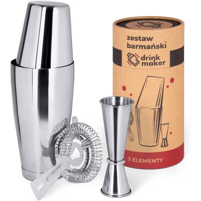 DrinkMaker Zestaw Barmański Do Drinków Shaker Tin-Tin Strainer Sito Barmańskie Jigger Miarka Barmańska DrinkMaker Zestaw Barmański Do Drinków Shaker Tin-Tin Strainer Sito Barmańskie Jigger Miarka Barmańska