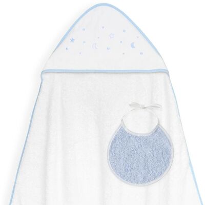 Interbaby Okrycie kąpielowe 100x100 Esrellas biały niebieski ręcznik z kapturkiem + śliniaczek Interbaby Okrycie kąpielowe 100x100 Esrellas biały niebieski ręcznik z kapturkiem + śliniaczek