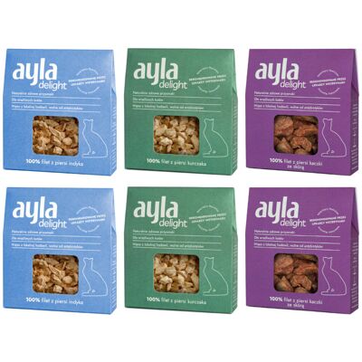 Ayla Delight Filet z Piersi Mix Smaków 6x28g Liofilizowany Przysmak Dla Kota 100% Mięsa Ayla Delight Filet z Piersi Mix Smaków 6x28g Liofilizowany Przysmak Dla Kota 100% Mięsa