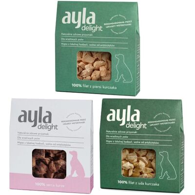 Ayla Delight Mix z Kurczaka 3x28g Liofilizowany Przysmak Dla Psa 100% Mięsa Ayla Delight Mix z Kurczaka 3x28g Liofilizowany Przysmak Dla Psa 100% Mięsa