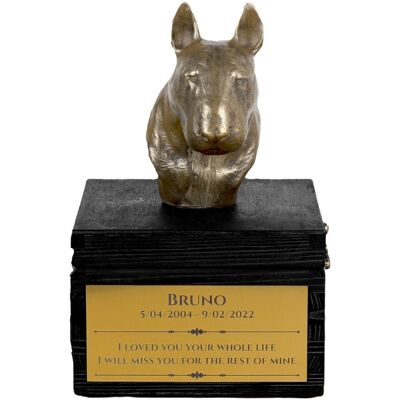 Bulterier, Bull Terrier IV - urna z grawerem i rzeźbą psa, ostatnie pożeganie, produkt ręcznie wykonany marki Art-Dog Bulterier, Bull Terrier IV - urna z grawerem i rzeźbą psa, ostatnie pożeganie, produkt ręcznie wykonany marki Art-Dog