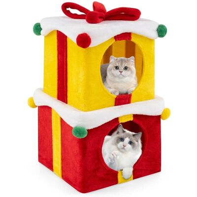 Costway - 2-Story Christmas Cat House - Biały - Czerwona wstążka Costway - 2-Story Christmas Cat House - Biały - Czerwona wstążka