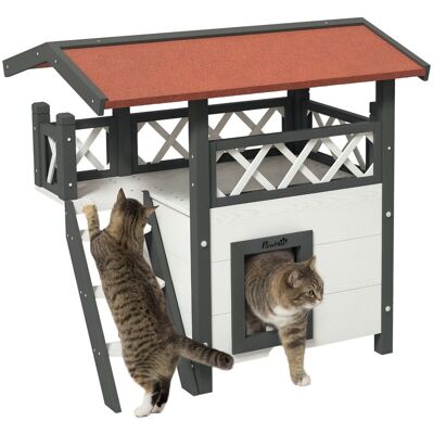 Domek dla kota PawHut z dachem asfaltowym, dwupiętrowy, domek dla kota z balkonem, willa dla kota ze schodami, lite drewno, biały, 77 x 50 x 73 cm Domek dla kota PawHut z dachem asfaltowym, dwupiętrowy, domek dla kota z balkonem, willa dla kota ze schodami, lite drewno, biały, 77 x 50 x 73 cm