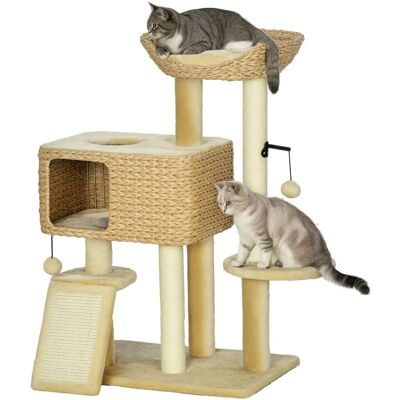 PawHut Drapak dla kota 98 cm, 2 legowiska, piłka, sizal, beżowy PawHut Drapak dla kota 98 cm, 2 legowiska, piłka, sizal, beżowy