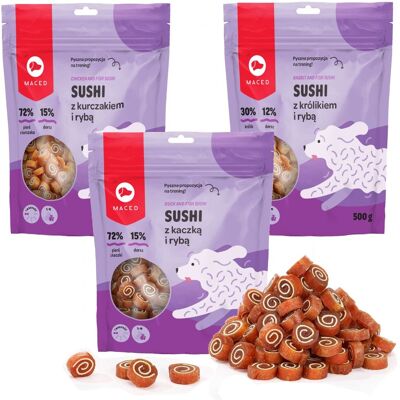 Maced Sushi Mix Smaków Kurczak Kaczka i Królik z Rybą Miękki Przysmak Treningowy Dla Psa 3x500g Maced Sushi Mix Smaków Kurczak Kaczka i Królik z Rybą Miękki Przysmak Treningowy Dla Psa 3x500g