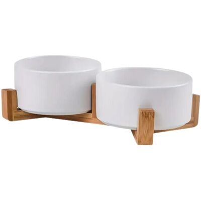 Miska ceramiczna na stojaku bambusowym zestaw 2 szt x 400 ml Biała NUXIE PREMIUM Miska ceramiczna na stojaku bambusowym zestaw 2 szt x 400 ml Biała NUXIE PREMIUM