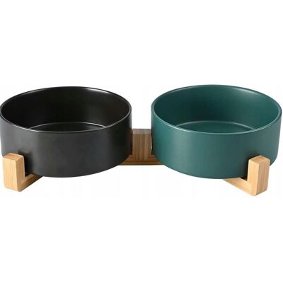 Miski ceramiczne dla psa kota z podstawką bambusową 2x 400ml Miski ceramiczne dla psa kota z podstawką bambusową 2x 400ml