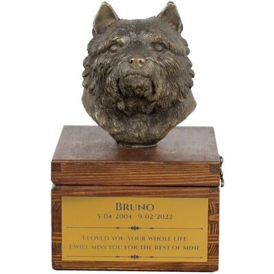 Norwich Terrier - skrzynia pamiątkowa psa ze statuetką, mała skrzynia dla psa, personalizowana skrzynia z popiersiem psa marki Art-Dog Norwich Terrier - skrzynia pamiątkowa psa ze statuetką, mała skrzynia dla psa, personalizowana skrzynia z popiersiem psa marki Art-Dog