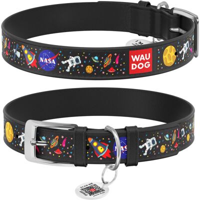 Collar Company Obroża dla psa skórzana WAUDOG Design z paszportem QR, rysunek 'NASA', metalowa klamra, czarna, rozmiar XL, 46-59 cm 35 mm Collar Company Obroża dla psa skórzana WAUDOG Design z paszportem QR, rysunek 'NASA', metalowa klamra, czarna, rozmiar XL, 46-59 cm 35 mm