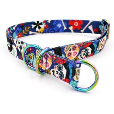 Psiakrew Obroża półzaciskowa Día de los Muertos szeroka na 2,5 cm, dla średnich i większych psów, holo okucia-L/XL Psiakrew Obroża półzaciskowa Día de los Muertos szeroka na 2,5 cm, dla średnich i większych psów, holo okucia-L/XL