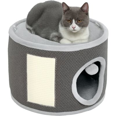 PawHut 30 cm domek dla kota w kształcie beczki, mały drapak dla kotów domowych z pluszową platformą i piłką, ciemnoszary PawHut 30 cm domek dla kota w kształcie beczki, mały drapak dla kotów domowych z pluszową platformą i piłką, ciemnoszary