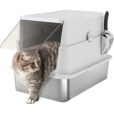 PawHut Kuweta dla kota XL, oni stali niedzewnej z odchylanym pokrywą, łopatka do żwiru, kuweta z workiem dezodorującym, do kotów do 15 kg, taknoszara PawHut Kuweta dla kota XL, oni stali niedzewnej z odchylanym pokrywą, łopatka do żwiru, kuweta z workiem dezodorującym, do kotów do 15 kg, taknoszara