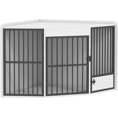 PawHut Narożna Klatka dla Psów do Domu, Zamykana Buda dla Psa Indoor z Obrotowymi Drzwiami do Karmienia dla Małych/Średnich Psów Biała 113 x 80 x 64.. PawHut Narożna Klatka dla Psów do Domu, Zamykana Buda dla Psa Indoor z Obrotowymi Drzwiami do Karmienia dla Małych/Średnich Psów Biała 113 x 80 x 64..