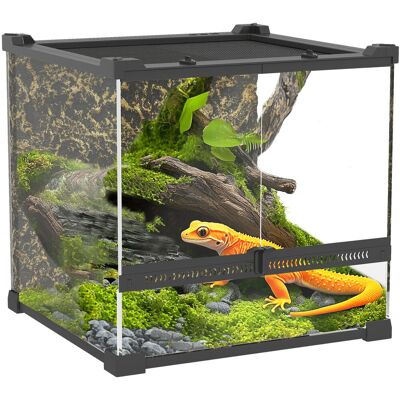 PawHut Terrarium dla gadów, szklane terrarium 24 l, karmnik dla gadów z wentylacją z przodu, kamienne tło, zabezpieczenie przed ucieczką, czarne, 30.. PawHut Terrarium dla gadów, szklane terrarium 24 l, karmnik dla gadów z wentylacją z przodu, kamienne tło, zabezpieczenie przed ucieczką, czarne, 30..
