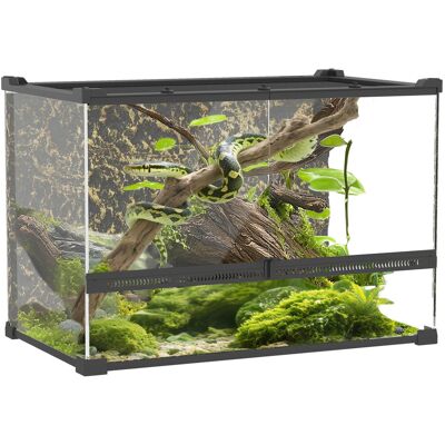 PawHut Terrarium dla gadów, szklane terrarium 48 l, karmnik dla gadów z wentylacją z przodu, kamienne tło, zabezpieczenie przed ucieczką, czarne, 50.. PawHut Terrarium dla gadów, szklane terrarium 48 l, karmnik dla gadów z wentylacją z przodu, kamienne tło, zabezpieczenie przed ucieczką, czarne, 50..