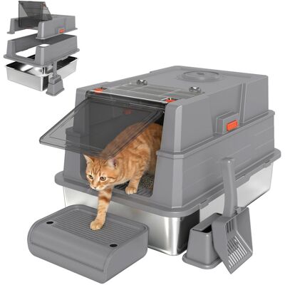PawHut XXL Kuweta dla kota ze stali nierdzewnej, 130 l, z pokrywą otwieraną do 180°, wysokimi bokami, łopatką, stopniem, kuweta dla 3 kotów (do 10 k.. PawHut XXL Kuweta dla kota ze stali nierdzewnej, 130 l, z pokrywą otwieraną do 180°, wysokimi bokami, łopatką, stopniem, kuweta dla 3 kotów (do 10 k..