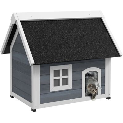 PawHut Zewnętrzny domek dla kota z drewna, z otwieranym dachem z asfaltu, odporny na warunki zewnętrzne, z okna, 3 drzwi, 77 x 57,5 x 68 cm, Szary PawHut Zewnętrzny domek dla kota z drewna, z otwieranym dachem z asfaltu, odporny na warunki zewnętrzne, z okna, 3 drzwi, 77 x 57,5 x 68 cm, Szary