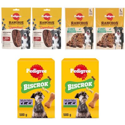 Pedigree Przysmak dla psa 2x500g Mix Biscrok + 2x70g Ranchos Superfoods Wołowina + 2x70g Ranchos Cubes Kaczka Pedigree Przysmak dla psa 2x500g Mix Biscrok + 2x70g Ranchos Superfoods Wołowina + 2x70g Ranchos Cubes Kaczka