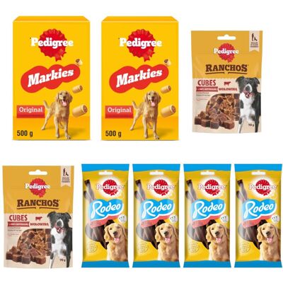 Pedigree Zestaw Przysmaków Mix Biscrok 2x500g + Rodeo 4x123g + Ranchos Cubes z Wołowiną 2x70g Treserki Pedigree Zestaw Przysmaków Mix Biscrok 2x500g + Rodeo 4x123g + Ranchos Cubes z Wołowiną 2x70g Treserki