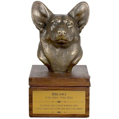 Pembroke Welsh Corgi - skrzynia pamiątkowa psa ze statuetką, mała skrzynia dla psa, personalizowana skrzynia z popiersiem psa marki Art-Dog Pembroke Welsh Corgi - skrzynia pamiątkowa psa ze statuetką, mała skrzynia dla psa, personalizowana skrzynia z popiersiem psa marki Art-Dog