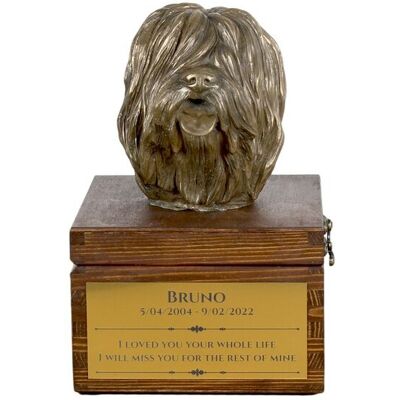 Polski owczarek nizinny, PON - skrzynia pamiątkowa psa ze statuetką, mała skrzynia dla psa, personalizowana skrzynia z popiersiem psa marki Art-Dog Polski owczarek nizinny, PON - skrzynia pamiątkowa psa ze statuetką, mała skrzynia dla psa, personalizowana skrzynia z popiersiem psa marki Art-Dog