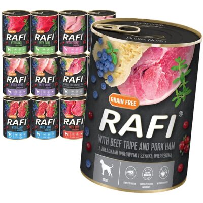 Rafi Mokra Karma Dla Psów Dorosłych 6 Smaków Puszka 12x400g Królik Wołowina Dziczyzna Indyk Jagnięcina Wieprzowina Rafi Mokra Karma Dla Psów Dorosłych 6 Smaków Puszka 12x400g Królik Wołowina Dziczyzna Indyk Jagnięcina Wieprzowina