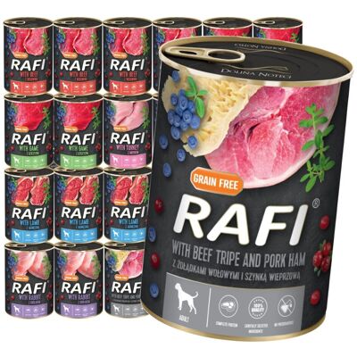 Rafi Mokra Karma Dla Psów Dorosłych 6 Smaków Puszka 24x400g Królik Wołowina Dziczyzna Indyk Jagnięcina Wieprzowina Rafi Mokra Karma Dla Psów Dorosłych 6 Smaków Puszka 24x400g Królik Wołowina Dziczyzna Indyk Jagnięcina Wieprzowina