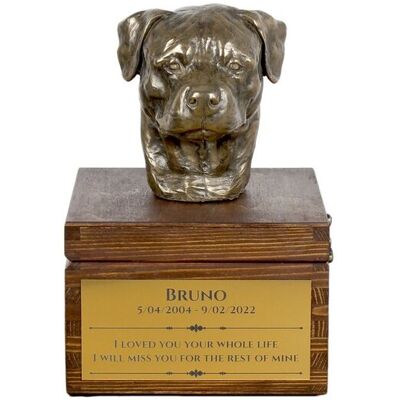 Rottweiler - skrzynia pamiątkowa psa ze statuetką, mała skrzynia dla psa, personalizowana skrzynia z popiersiem psa marki Art-Dog Rottweiler - skrzynia pamiątkowa psa ze statuetką, mała skrzynia dla psa, personalizowana skrzynia z popiersiem psa marki Art-Dog