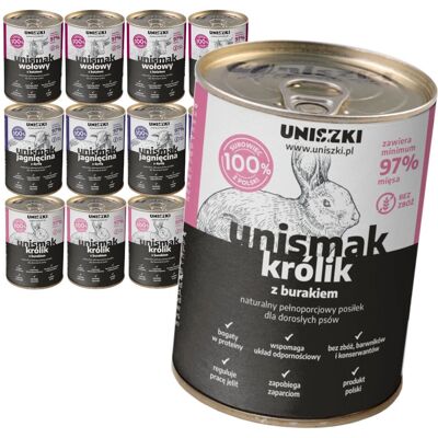 Uniszki Unismak 12x400g Bezzbożowa Mokra Karma dla Psa Mix Smaków Jagnięcina Królik Wołowina Uniszki Unismak 12x400g Bezzbożowa Mokra Karma dla Psa Mix Smaków Jagnięcina Królik Wołowina
