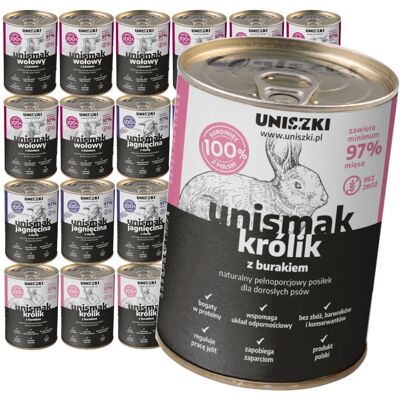 Uniszki Unismak 24x400g Bezzbożowa Mokra Karma dla Psa Mix Smaków Jagnięcina Królik Wołowina Uniszki Unismak 24x400g Bezzbożowa Mokra Karma dla Psa Mix Smaków Jagnięcina Królik Wołowina