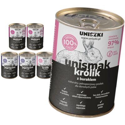 Uniszki Unismak 6x400g Bezzbożowa Mokra Karma dla Psa Mix Smaków Jagnięcina Królik Wołowina Uniszki Unismak 6x400g Bezzbożowa Mokra Karma dla Psa Mix Smaków Jagnięcina Królik Wołowina