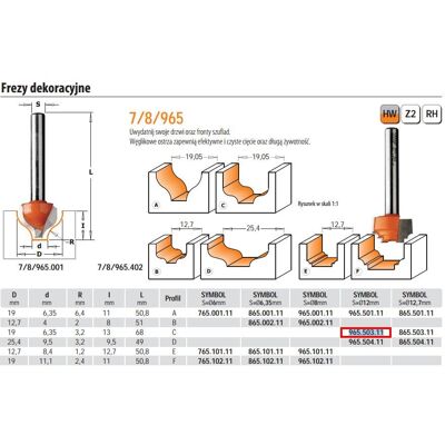 Cmt frez dekoracyjny hm d=19 d=6,35 r=3,2 i=13 s=12. Cmt frez dekoracyjny hm d=19 d=6,35 r=3,2 i=13 s=12.
