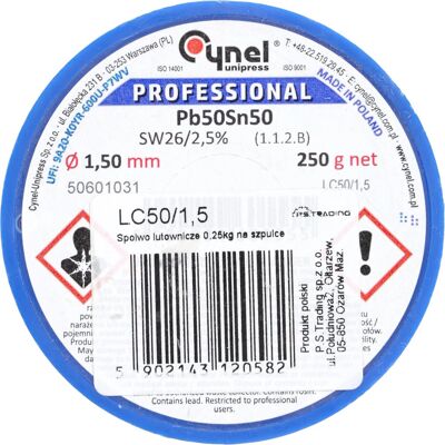 CYNEL Spoiwo lutownicze 1.5 mm 250 g Sn50Pb50 SW26 profesjonalne CYNEL Spoiwo lutownicze 1.5 mm 250 g Sn50Pb50 SW26 profesjonalne