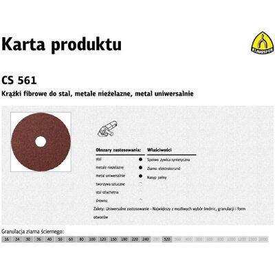 Krążek fibrowy KLINGSPOR cs561, 125 mm, gr. 80, 25 szt Krążek fibrowy KLINGSPOR cs561, 125 mm, gr. 80, 25 szt