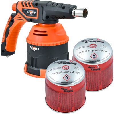 REXXER Palnik Gazowy Z Zapłonem Piezoelektrycznym 1300 W Premium + Kartusz Z Gazem Butan 190 G 2 Sztuki REXXER Palnik Gazowy Z Zapłonem Piezoelektrycznym 1300 W Premium + Kartusz Z Gazem Butan 190 G 2 Sztuki